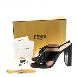 Pre Owned Fendi Black Patent Leather Floral Embellished Cross Strap Sandals Size 38