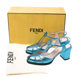 Fendi Metallic Blue Leather Chameleon Block Heel Sandals Size 37
