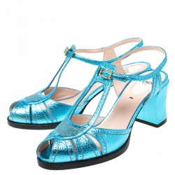 Fendi Metallic Blue Leather Chameleon Block Heel Sandals Size 37