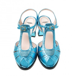 Fendi Metallic Blue Leather Chameleon Block Heel Sandals Size 37
