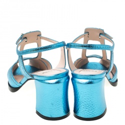 Fendi Metallic Blue Leather Chameleon Block Heel Sandals Size 37