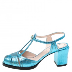 Fendi Metallic Blue Leather Chameleon Block Heel Sandals Size 37