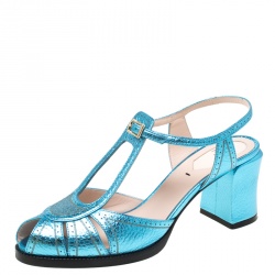 Fendi Metallic Blue Leather Chameleon Block Heel Sandals Size 37