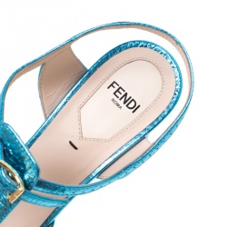 Fendi Metallic Blue Leather Chameleon Block Heel Sandals Size 37