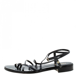 Pre Owned Fendi Black Patent Leather Strapped Flat Sandals Size 38
