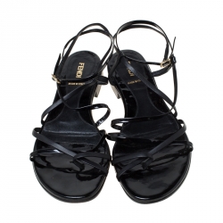 Pre Owned Fendi Black Patent Leather Strapped Flat Sandals Size 38