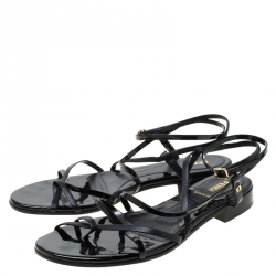 Pre Owned Fendi Black Patent Leather Strapped Flat Sandals Size 38