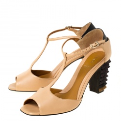 Pre Owned Fendi Beige Leather Polifonia Peep Toe Spike Heels Sandals Size 37.5