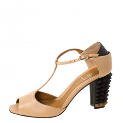 Pre Owned Fendi Beige Leather Polifonia Peep Toe Spike Heels Sandals Size 37.5