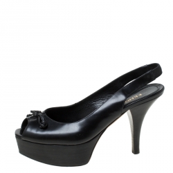 Pre Owned Fendi Black Leather Peep Toe Platform Slingback Sandals Size 35