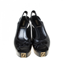 Pre Owned Fendi Black Leather Peep Toe Platform Slingback Sandals Size 35