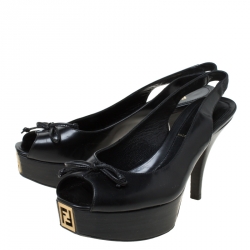 Pre Owned Fendi Black Leather Peep Toe Platform Slingback Sandals Size 35