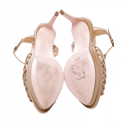 Pre Owned Fendi Beige Patent Leather T-Bar Platform Ankle Strap Sandals Size 37