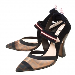 Pre Owned Fendi Black/Brown Mesh Colibri Slingback Pumps Size 38