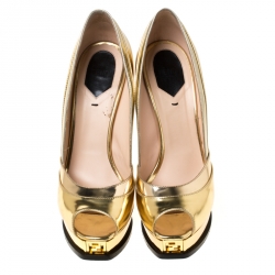 Pre Owned Fendi Gold Leather Fendista Peep Toe Platform Pumps Size 39