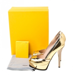 Pre Owned Fendi Gold Leather Fendista Peep Toe Platform Pumps Size 39
