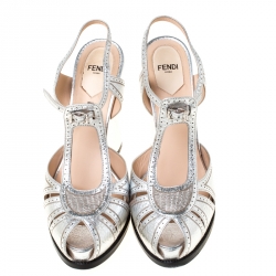 Fendi Silver Leather Chameleon Block Heel Sandals Size 40