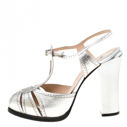 Fendi Silver Leather Chameleon Block Heel Sandals Size 40