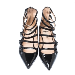 Pre Owned Fendi Black Patent Leather Flowerland Multistrap Flats Size 38