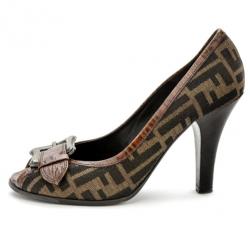 Pre Owned Fendi Zucca B Buckle Peep Toe Pumps Size 38