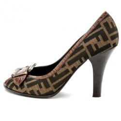 Pre Owned Fendi Zucca B Buckle Peep Toe Pumps Size 38