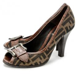 Pre Owned Fendi Zucca B Buckle Peep Toe Pumps Size 38