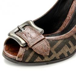 Pre Owned Fendi Zucca B Buckle Peep Toe Pumps Size 38