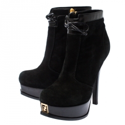 Pre Owned Fendi Black Suede and Leather Fendista Platform Ankle Boots Size 37