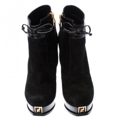Pre Owned Fendi Black Suede and Leather Fendista Platform Ankle Boots Size 37