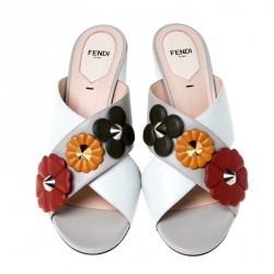 Pre Owned Fendi Beige Leather FlowerLand Block Heel Sandals Size 40