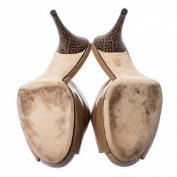 Pre Owned Fendi Beige Patent Leather Platform Peep Toe Pumps Size 41