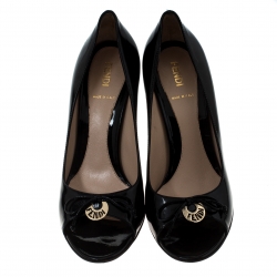 Pre Owned Fendi Black Patent Leather Bow Peep Toe Pumps Size 38.5