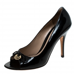 Pre Owned Fendi Black Patent Leather Bow Peep Toe Pumps Size 38.5