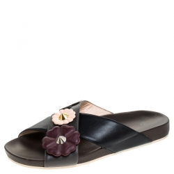 Pre Owned Fendi Black/Brown Leather Flower Stud Embellished Flat Slides Size 37
