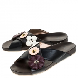 Pre Owned Fendi Black/Brown Leather Flower Stud Embellished Flat Slides Size 37