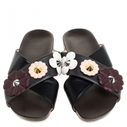 Pre Owned Fendi Black/Brown Leather Flower Stud Embellished Flat Slides Size 37