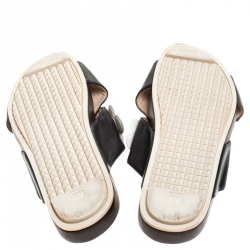 Pre Owned Fendi Black/Brown Leather Flower Stud Embellished Flat Slides Size 37