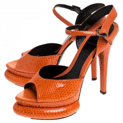 Pre Owned Fendi Orange Python Leather Bubble Platform Ankle Strap Sandals Size 39