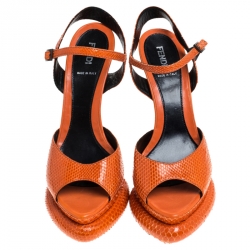 Pre Owned Fendi Orange Python Leather Bubble Platform Ankle Strap Sandals Size 39