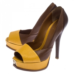 Pre Owned Fendi Two Tone Embossed Lizard Leather Fendista Peep Toe Platform Pumps Size 39