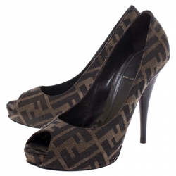 Pre Owned Fendi Brown Zucca Canvas Platform Peep Toe Pumps Size 37