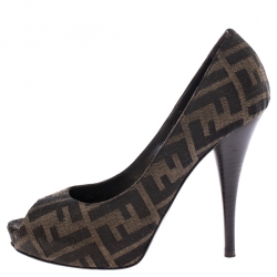 Pre Owned Fendi Brown Zucca Canvas Platform Peep Toe Pumps Size 37