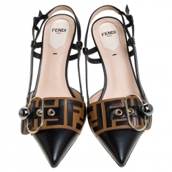 Pre Owned  Fendi Black/Brown Leather Buckle Strap Logo Slingback Pointed Pumps Size 37.5