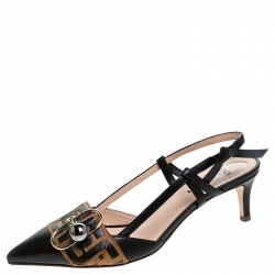 Pre Owned  Fendi Black/Brown Leather Buckle Strap Logo Slingback Pointed Pumps Size 37.5