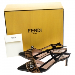 Pre Owned  Fendi Black/Brown Leather Buckle Strap Logo Slingback Pointed Pumps Size 37.5
