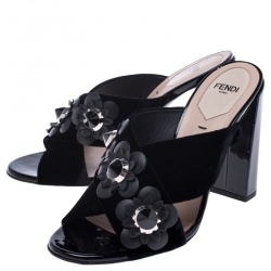 Pre Owned Fendi Black Velvet Flowerland Embellished Open Toe Mules Size 37.5