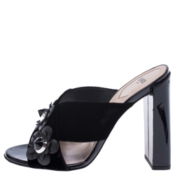 Pre Owned Fendi Black Velvet Flowerland Embellished Open Toe Mules Size 37.5