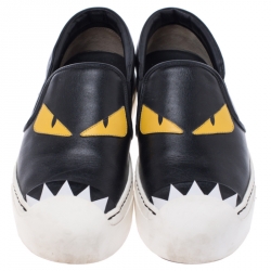 Pre Owned Fendi Black/Yellow Leather Monster Slip on Sneakers Size 37
