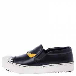 Pre Owned Fendi Black/Yellow Leather Monster Slip on Sneakers Size 37