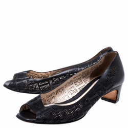Pre Owned Fendi Black Perforated Leather Peep Toe Pumps Size 38